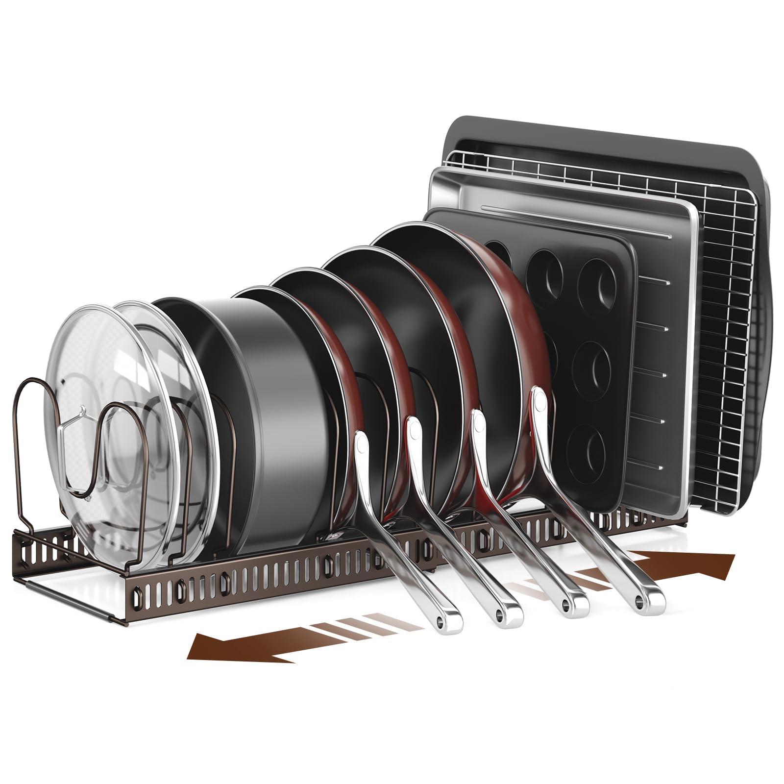 Photo 1 of *MISSING RUBBER GUARDS* ORDORA Pots and Pans Organizer under Cabinet with Pan Holder: Expandable 11.8"-22.8" Kitchen Cabinet Organizer Rack, 12 Adjustable Dividers Storage for Cookie Sheets, Cutting Boards & Lid, Bronze