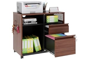 BYNSOE 2-Drawer File Cabinet Mobile Filing Cabinet with Lock Lateral File Cabinet Printer Stand with Open Storage Shelves for Home Office (Brown, Right Drawer)