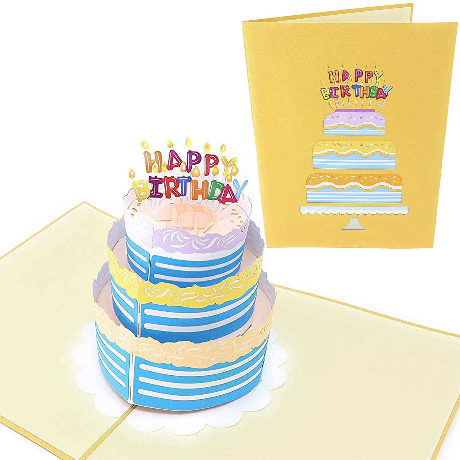 PopLife® Happy Birthday Card - 3D Colorful Cake Pop Up Birthday Card - HBD Candles - Fold Flat for Mailing - Gift for Grandkids, Grandma, Over the Hill, Three-tier Cake, Surprise Party, Small Gift