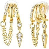 FAN&LOUIS Gold Clip On Earrings for Women, 24K Gold Plated Trendy Triple Huggie Hypoallergenic Non Pierced Earrings Dainty Dangle Chains Drop Painless Lightweight Clip-On Earrings