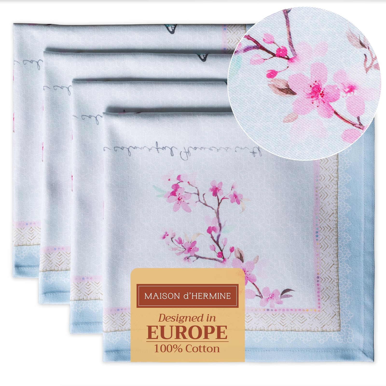 Maison d' Hermine Cloth Napkins Set of 4 100% Cotton Everyday Reusable Square Napkins Cloth Washable Dinner Party Wedding Restaurant Gifts for Mothers Day (Blossoms In Spring, 45 CM x 45 CM)