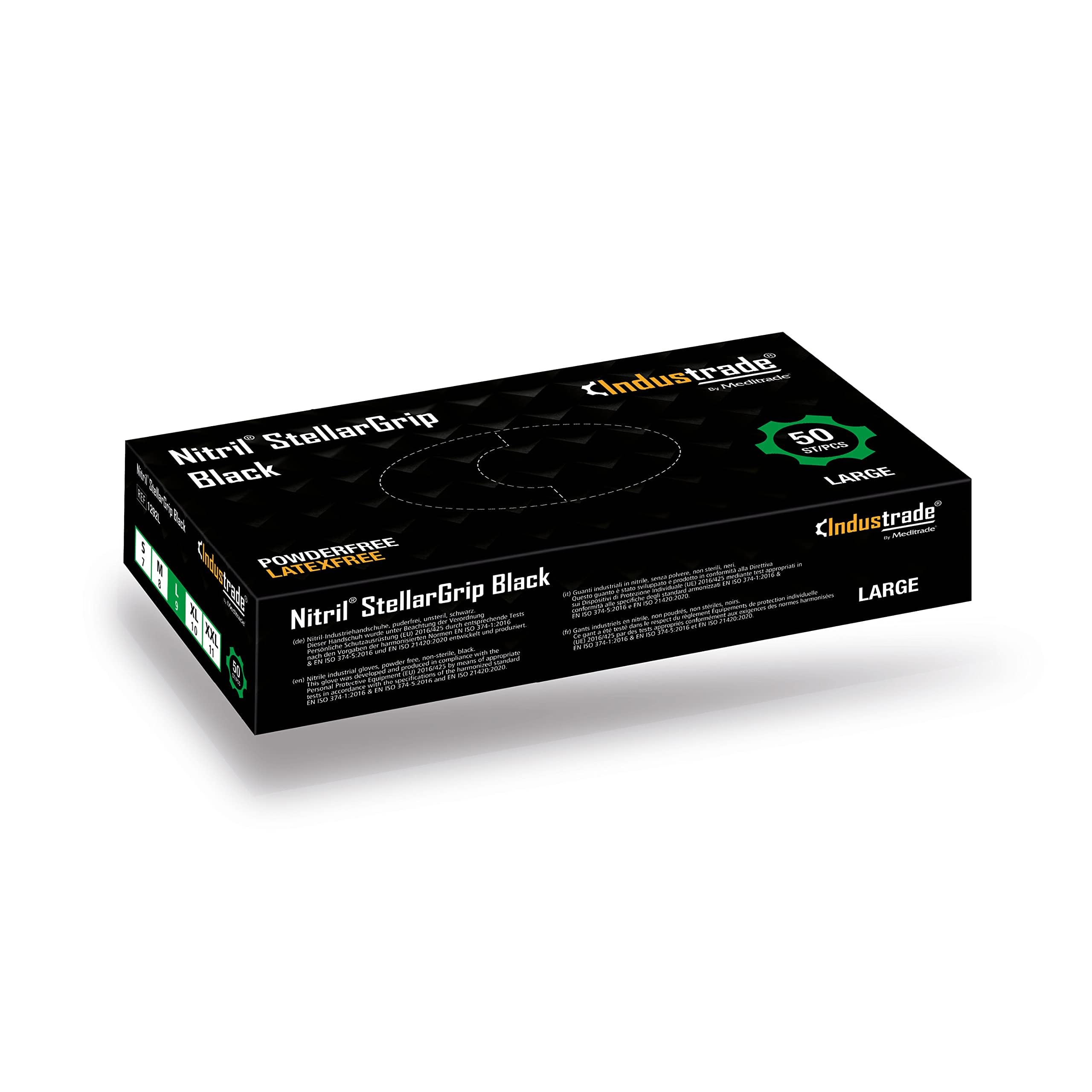 Industrade by Meditrade NITRIL StellarGrip Black Nitrile Industrial Gloves - Diamond Texture for Enhanced Grip - Powder & Latex Free Disposable Gloves - 6.5g Thickness - Large - 50pcs