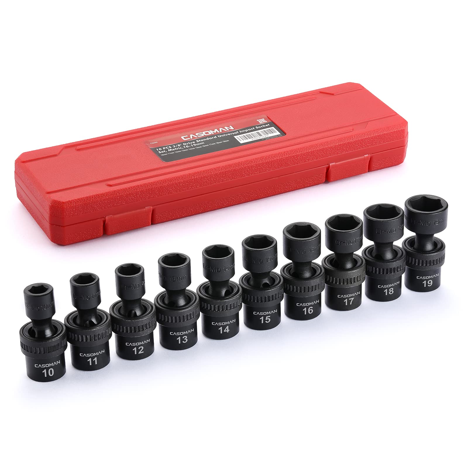 CASOMAN 10 PCS 3/8" Drive Standard Universal Impact Socket Set, 6 Point, Metric,10-19mm