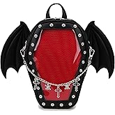 fancybag Goth Coffin Backpack with Detachable Bat Wing Halloween Coffin Ita Punk Shoulder Bag for Enamel Pins Display（Skull Chain,Black）