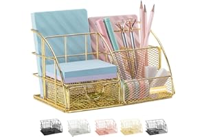 AUPSEN Gold Desk Organizer, Mesh Office Supplies Desk Accessories, Features 5 Compartments + 1 Mini Sliding Drawer