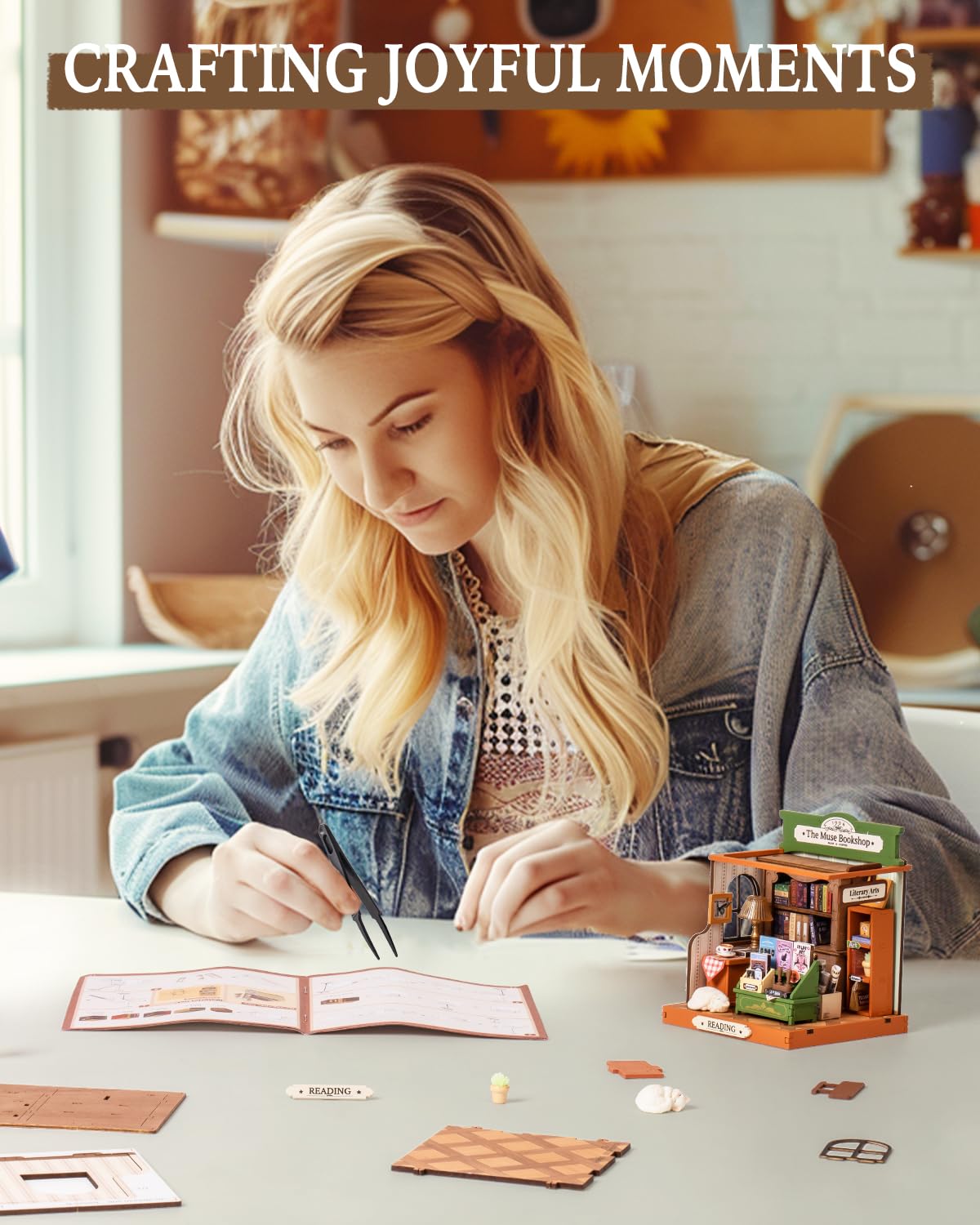 Rolife DIY Mini Building House Miniature Kit-The Muse Bookshop, Miniature Lifestyle Mini Bookshelf Decoration, DIY Hobbies/Gifts for Craftsman (The Muse Bookshop)