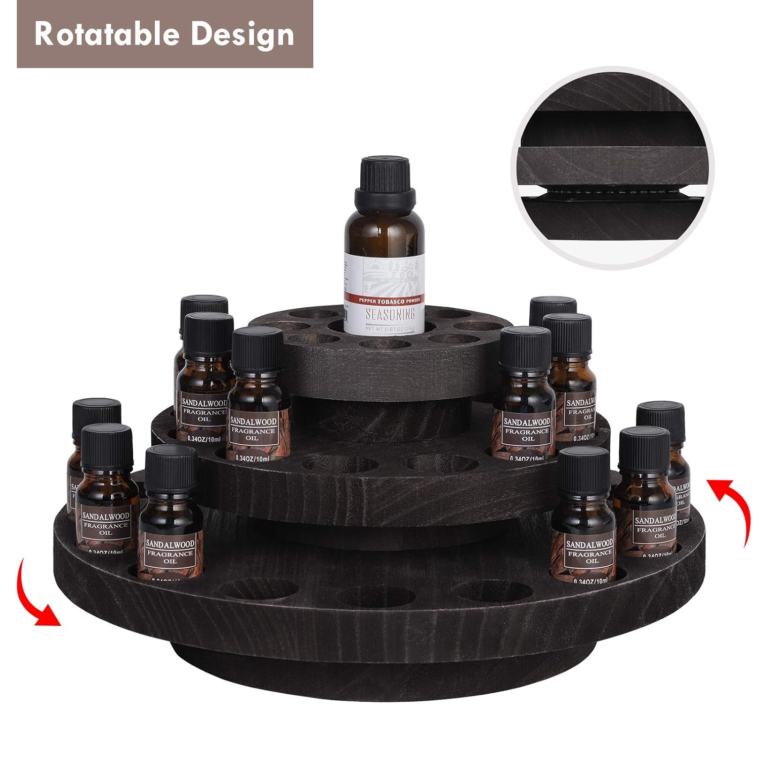 MOOACE 3 Tier Rotating Essential Oil Storage Box Hold 5/10/15/20/30ml Bottles, Wood Essential Oil Organizer Display, Dark Brown: Beauty