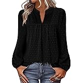 BETTE BOUTIK Women Boho Long Sleeve Shirts Dressy Casual V Neck Fall Fashion Tops Swiss Dot Flowy Blouses
