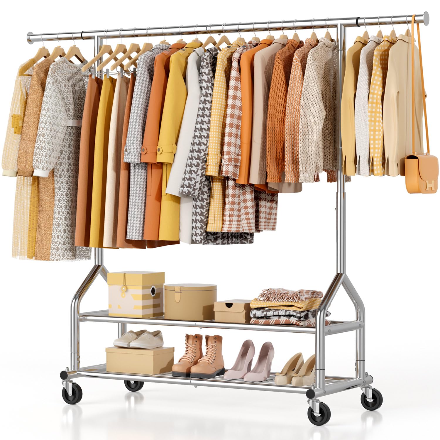 EAGMAK Heavy Duty Clothes Rack Load 556 LBS, Rolling Clothing Rack With Shelves, Height Adjustable Metal Clothes Hanger with Wheels Portable Wardrobe Organizer Garment Rod for Hanging Clothes (Silver)