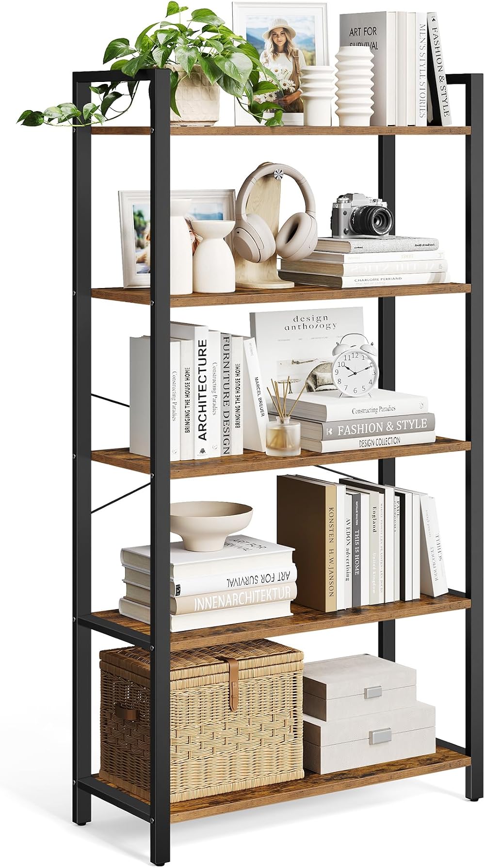 VASAGLE 5-Tier Bookshelf 30 x 80 x 153 cm Industrial Rustic Brown Black