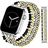 JR.DM Beaded Bracelet Bands for women Compatible with Apple Watch 40mm 38mm 41mm 44mm 42mm(S10/11) Fashion Cute Dressy Stretchy Handmade Strap for iWatch Series 11/10/9/8/7/6/5/4/SE 3/2/1(Black/Gold)