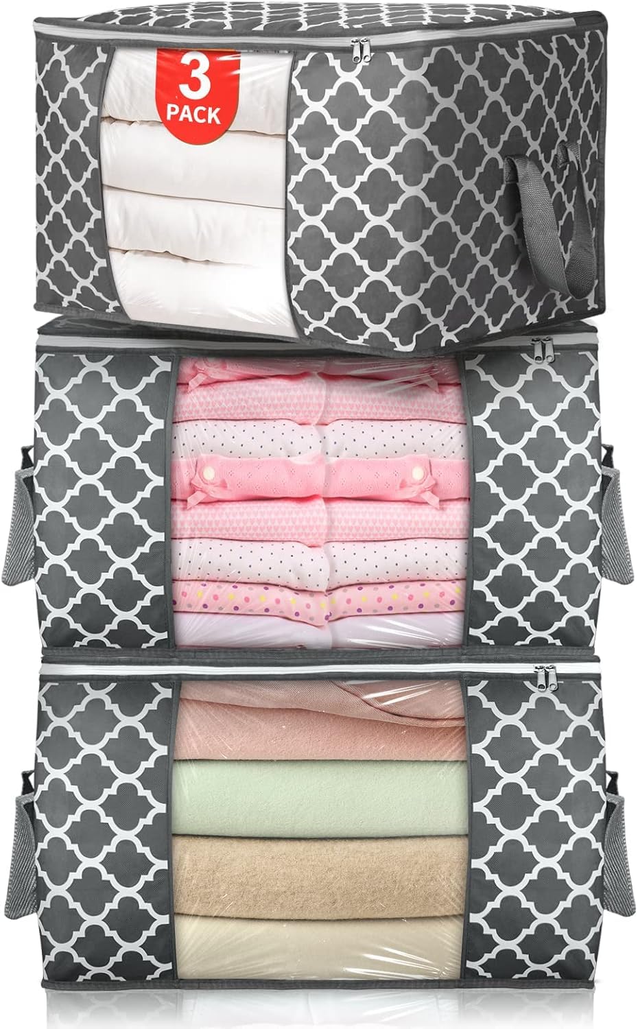 Photo 1 of 3 Pack Large Storage Bag Clothes Storage Organizer with Durable Handles for Closet Storage, Comforter, Blankets, Bedding and Toys 90 L