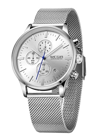 MEGIR Mesh Band Watches Fashion Luminous 6-Hand Analog Chronograph 3ATM Waterproof Quartz Watches (Silver)