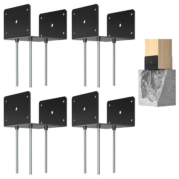 FMHOTU 6X6 CONCRETE POST BASE(4 PCS), DECK POST BASE HOLDER GROUND SPIKE FOR CONCRETE, DECKING POST BRACKETS WITH 3 ANCHOR RODS, POST BASE FOR PAVILION DECK PORCH HANDRAIL RAILING
