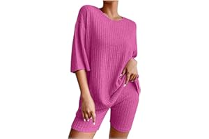 TAPANET Womens 2023 Casual Pajamas 2 Piece Lounge Sets Ribbed Knit Matching Outfits T-Shirt Biker Shorts Sleepwear Sweatsuits