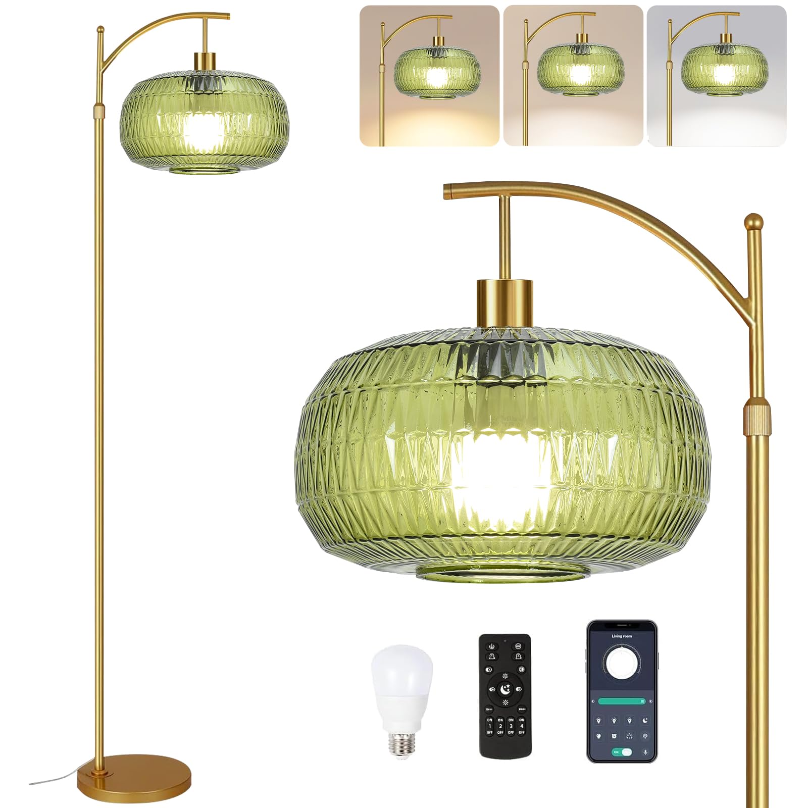 Photo 1 of ILLMTW Glass Floor Lamp for Living Room,Bedroom,Gold Mid Century Modern Standing Lamp with Remote,Dimmable Brass Tall Lamp Vintage Retro Green Arc Flower Floor Light Boho Bohemian
