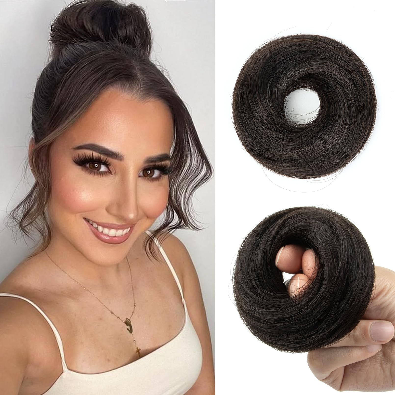 Photo 1 of FEIPRO Human Hair Bun Piece with Stretch Band Messy Buns for Women Secure Hold Natural Look Hairpieces for Everyday Style Easy Double Buns Creation (16g, s1B Natural Black)