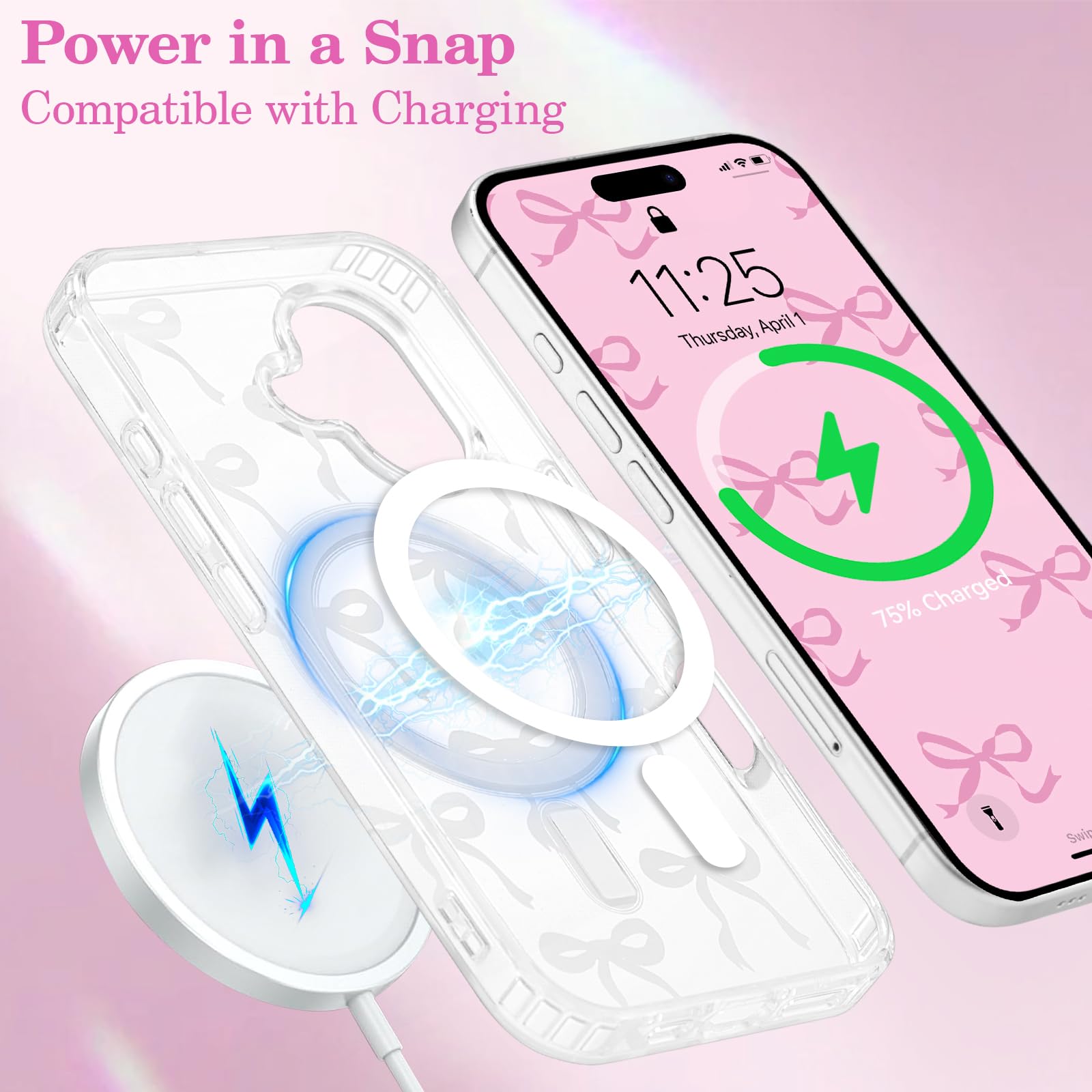 UEEBAI Magnetic for iPhone 16 Case, Bow Case Compatible with MagSafe, Wireless Slim Clear Ribbon Aesthetic Phone Cover Anti-Yellowing Shockproof Protective Cover for Women Girl - White
