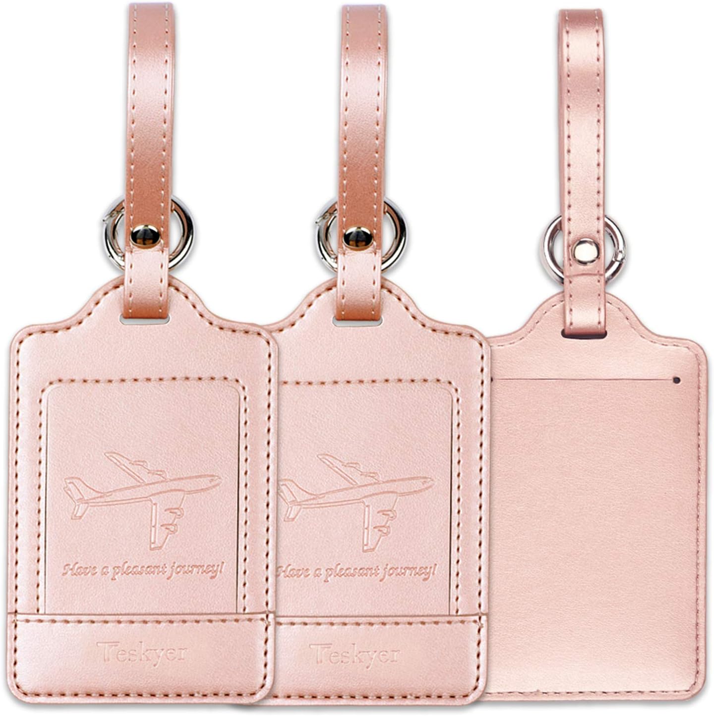  | Luggage Tags, 3 Pack Teskyer Premium PU Leahter Luggage Tags Privacy Protection Travel Bag Labels Suitcase Tags-Rose gold | Luggage Tags