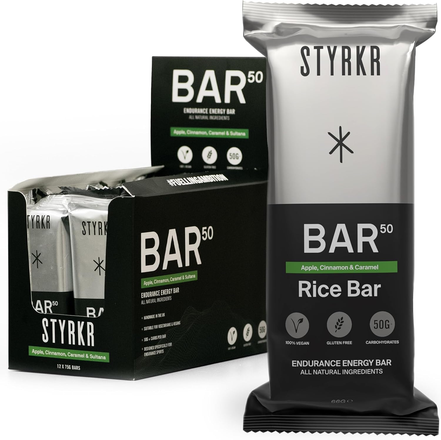 Styrkr BAR50 Energy Bars - Pack of 12 Rice Bars for Cycling & Running - Apple, Cinnamon & Caramel Flavour - Approved by Endurance Athletes - 50g of Carbs via Advanced Dual-Carb Formulation - 12x Pack