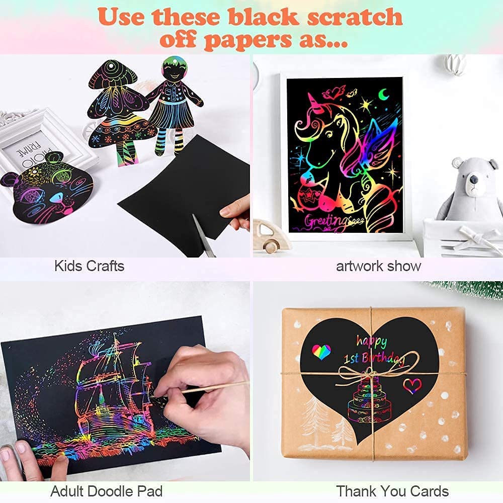 Mocoosy 60 Pcs Rainbow Scratch Art Paper for Kids, Magic Scratch Paper Set Art and Craft Kit, Black Scratch Sheets for Party Game Activities Birthday Gifts Toys Girls Boys 3 4 5 6 7 8 9 10 Years Old