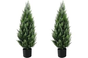 Melli Welli 3FT Artificial Topiary Tree Beautiful Realistic Faux Cedar Pines Christmas Trees UV Rated Fake Shrubs for Front Porch Faux Plants Indoor and Outdoor Decor (2 Pack)
