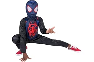 JAZWARES COSTUME PLAY Marvel Miles Morales Official Youth Halloween Costume - Printed Jumpsuit with Fabric Mask