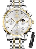 OLEVS Silver Watches for Men Gold and White Mens Watch Big Face Chronograph Diamond Two Tone Luxury Stainless Steel Analog Quartz Men's Wrist Watches Date Classic Waterproof Man Watch Multi-Function