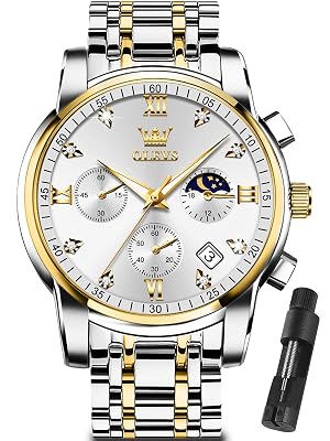 OLEVS Silver Watches for Men Gold and White Mens Watch Big Face Chronograph Diamond Two Tone Luxury Stainless Steel Analog Quartz Men's Wrist Watches Date Classic Waterproof Man Watch Multi-Function