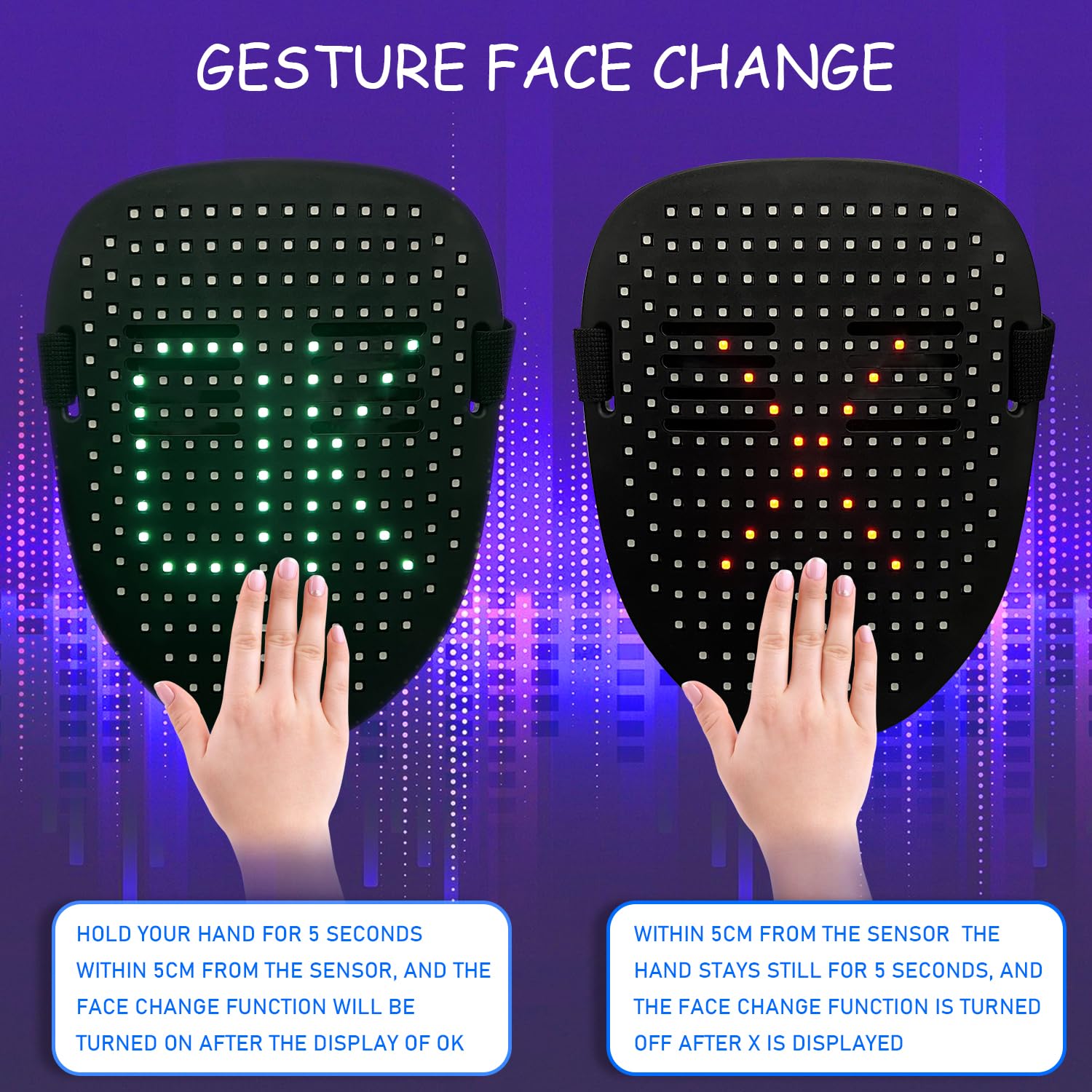 COOLGUARDER Led Mask with Gesture Sensing, Light up Face Transforming Mask for Halloween Xmas Costume Party