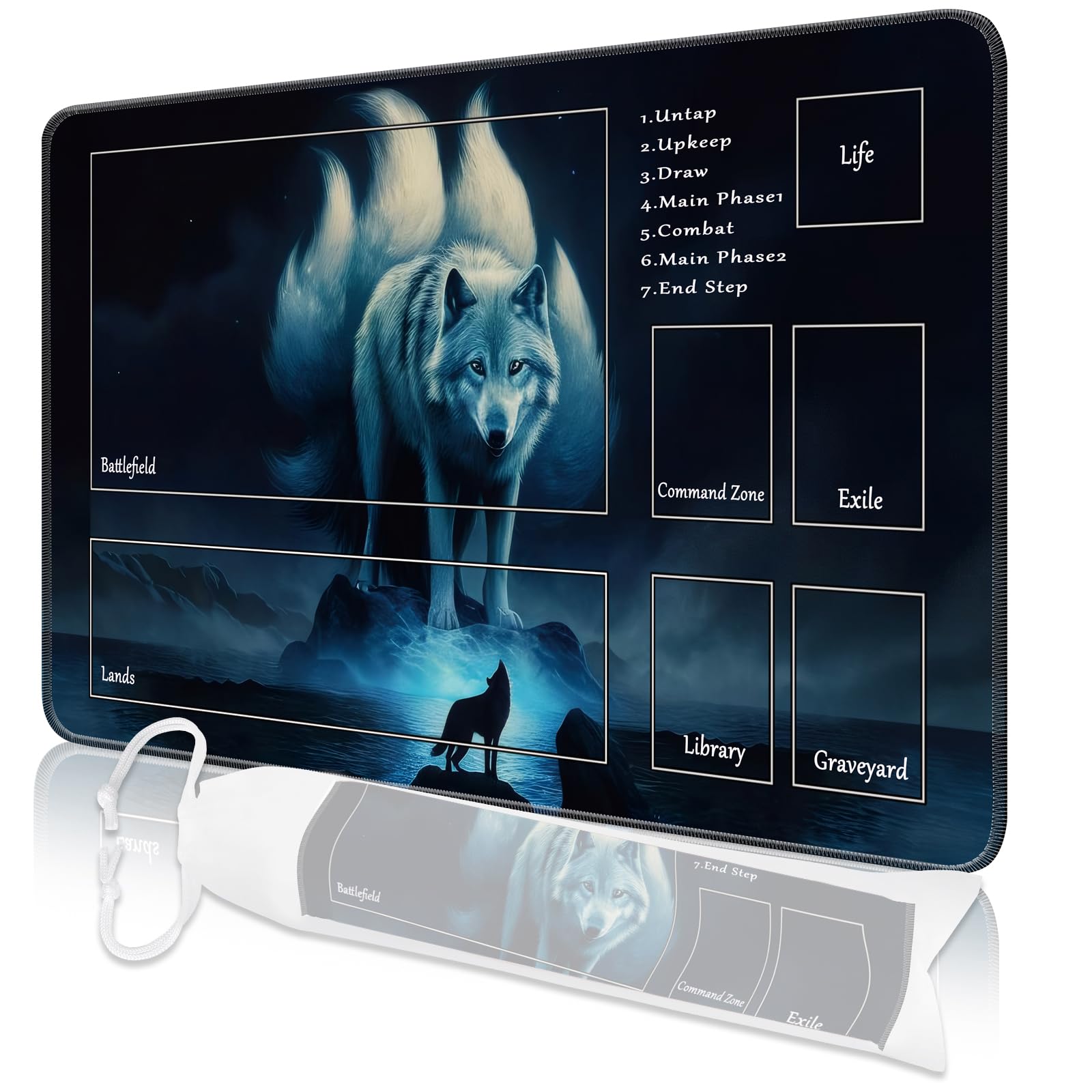 Nkddert MTG Playmat, 24" x 14" Playmats for TCG MTG, Stitched Edges Anti-slip MTG Playmat with Zones with Storage Bag Smooth Surface Battle Wolf MTG Game Mat