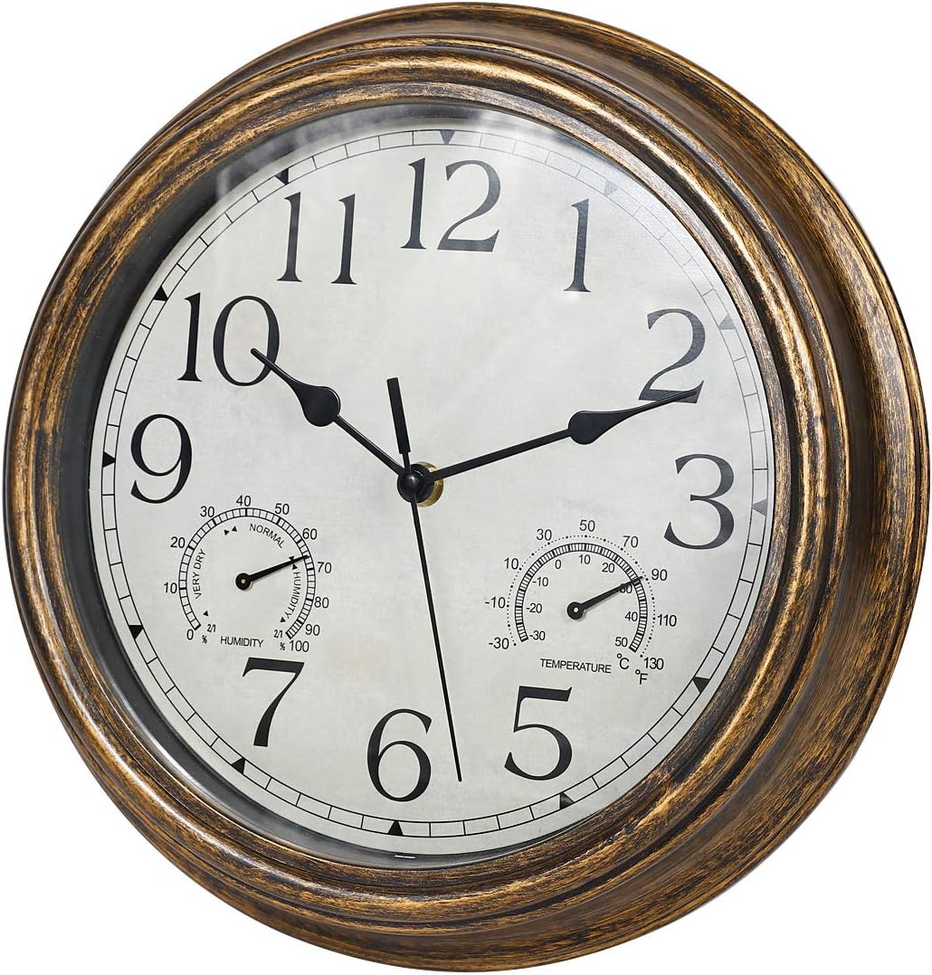 Yumt 12-Inch Waterproof Wall Clock with Thermometer and Hygrometer Combo,Vintage Silent Non-Ticking Battery Operated Clock Wall Decorative- Bronze