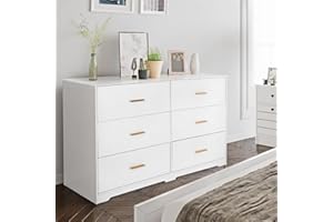 Modern 6 Drawer Dresser for Bedroom - Wooden Chest with Metal Handles - Large Storage Organizer for Clothes - Nursery, Kids R
