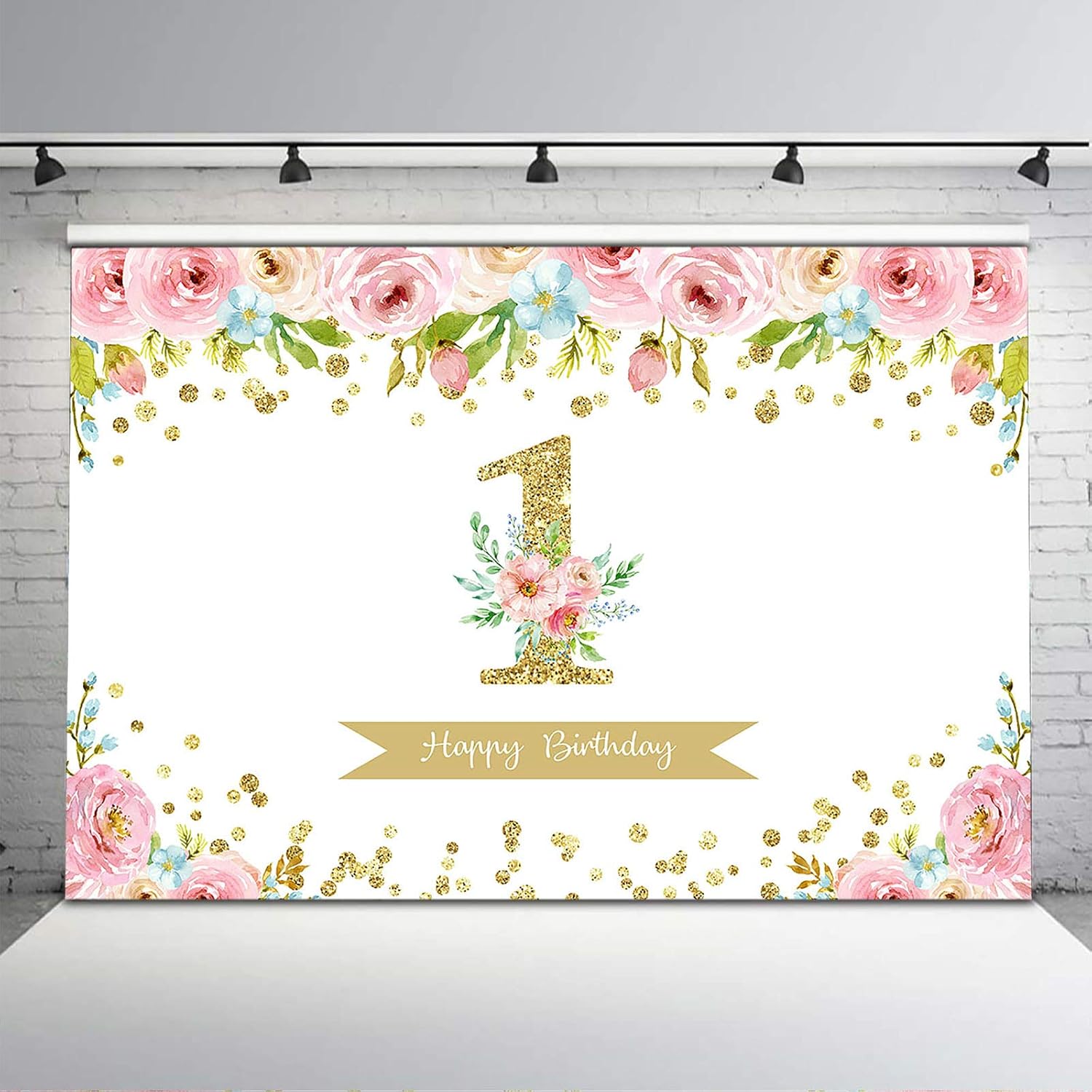 Avezano 1st Birthday Floral Backdrop Watercolor Flower Birthday Photography Backdrop Glitter Dots Pink Floral Background for Girls' Birthday Party (7x5ft) - Image 3