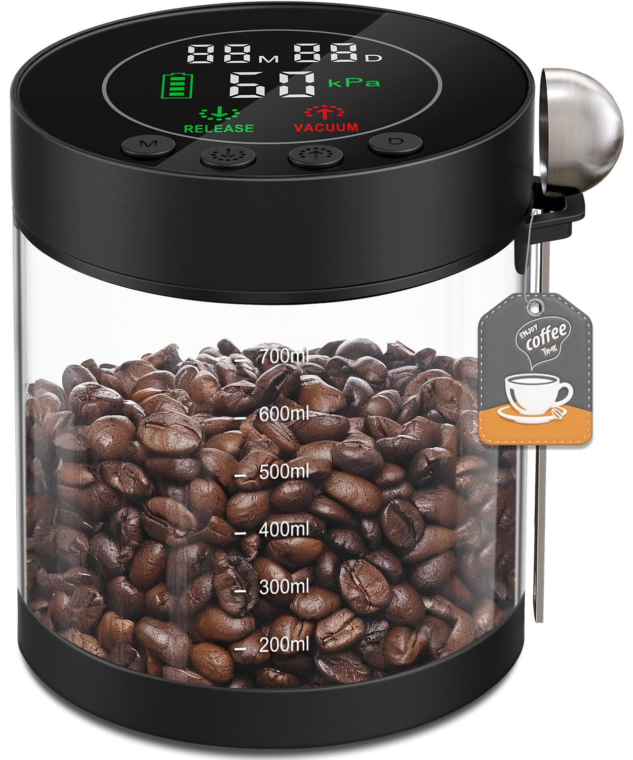 Electric Vacuum Coffee Canister, 0.8L Glass Airtight Food Storage Containers with Smart Pressure Sensor, Automatic Coffee Bean Container Rechargeable with LED Display Window for Kitchen Food Storage Image