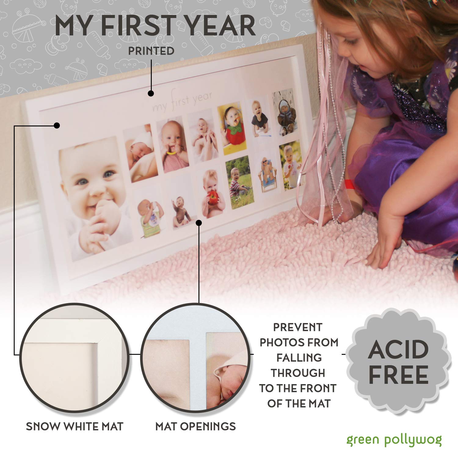 Baby's First Year Frame in Elegant White Natural Wood - My First Year Baby Picture Frame for Photo Memories (White) : Baby