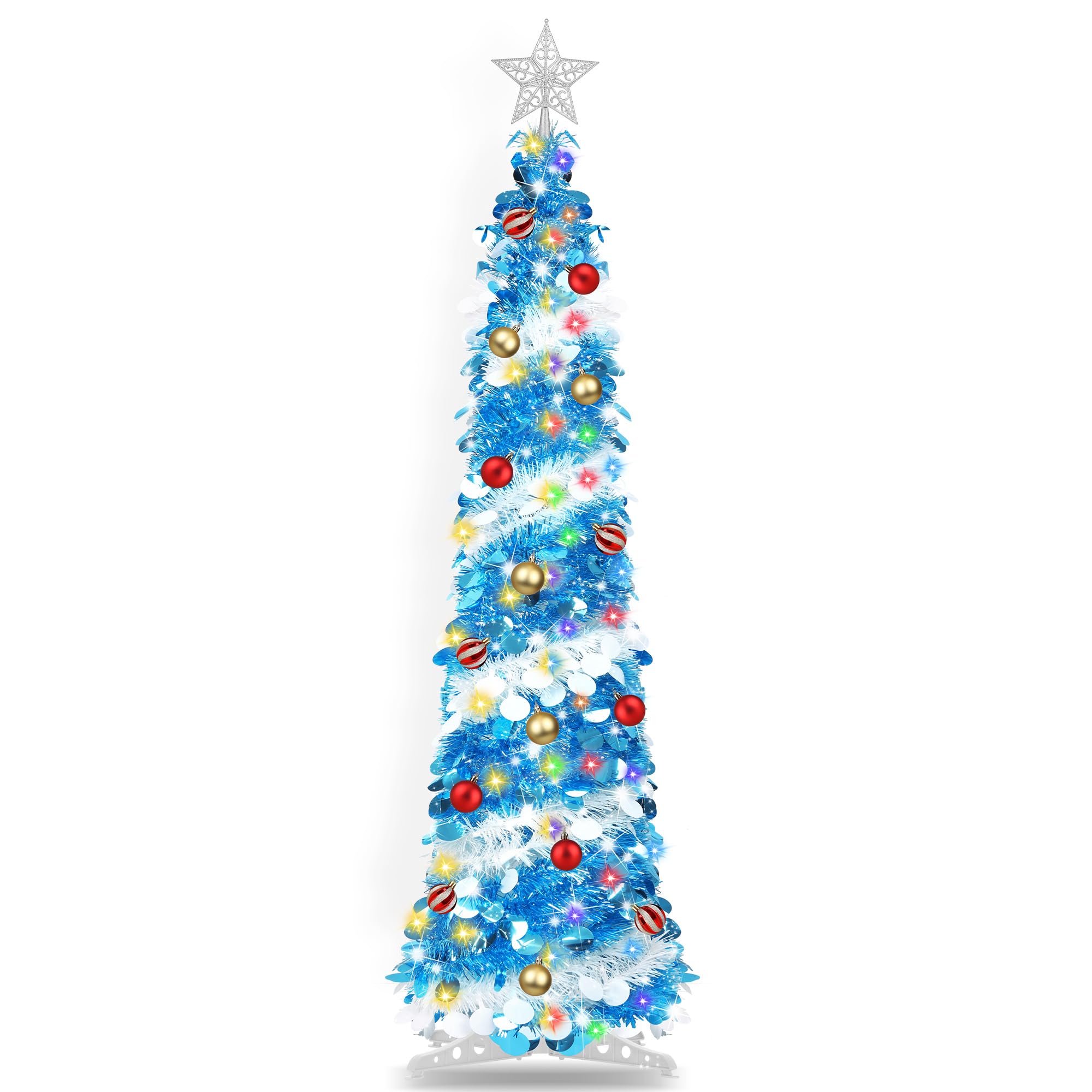 Photo 1 of 5FT Pop Up Christmas Tree with Timer 60 Warm White & Multi Color Fairy Light 3D Star 15 Ball Ornament, Blue White Tinsel Christmas Tree Slim Pencil Xmas Tree Home Office Holiday Decor Indoor Outdoor