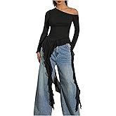 Milumia Women's Off One Shoulder Mesh T Shirt Y2K Asymmetrical Ruffle Trim Long Sleeve Tee Tops