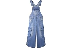 KIDSCOOL SPACE Girls Denim Overalls,Wide Leg Accordion Deep Heel Pockets Cargo Jeans Dungarees