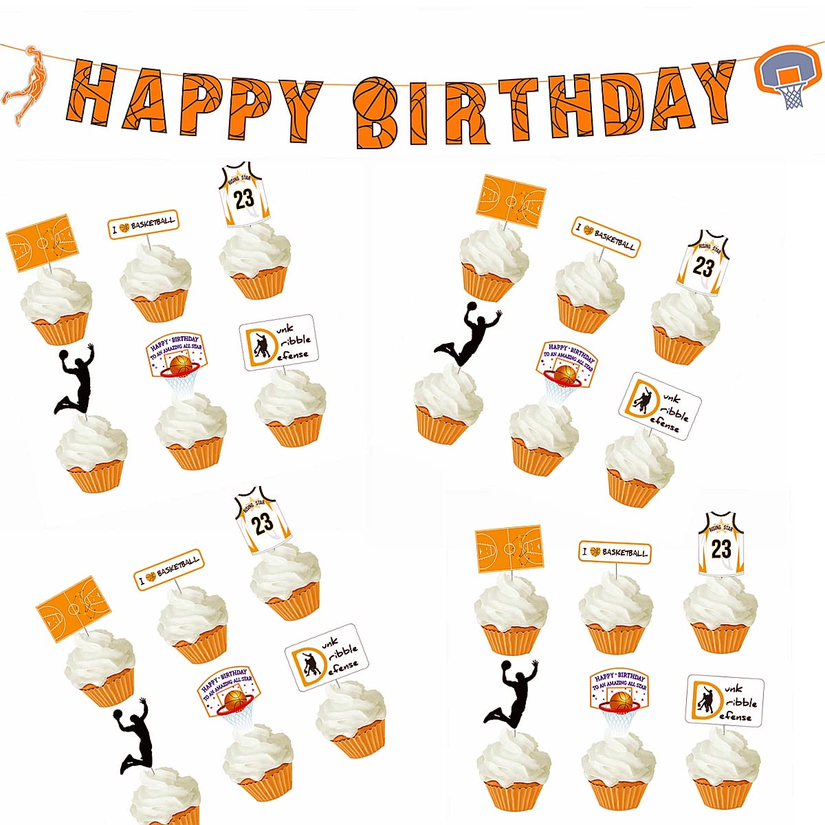 Basketball Themed Birthday Decoration Kit Slam Dunk Happy Birthday Banner & Cupcake Toppers Sports Party Decors for Kids Boys Teenagers Adult Birthday Baby Shower Party Supplies Outdoors and Indoors