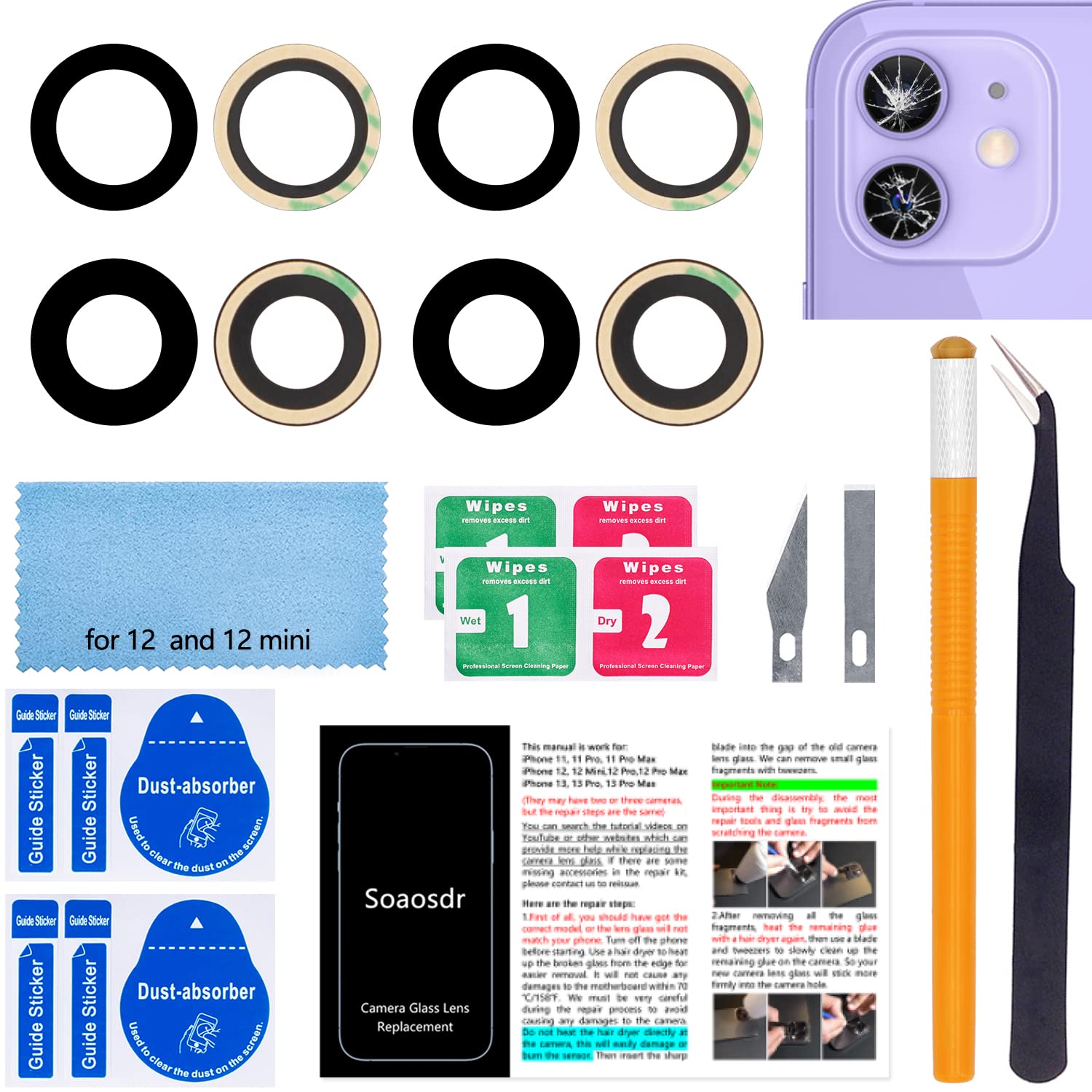 Photo 1 of 2PCS Soaosdr Original Back Rear Camera Lens Glass Replacement for iPhone 12 6.1 inch and iPhone 12 mini 5.4 inch with pre-Installed Adhesive+Reparing Toolkit+Installation Manual