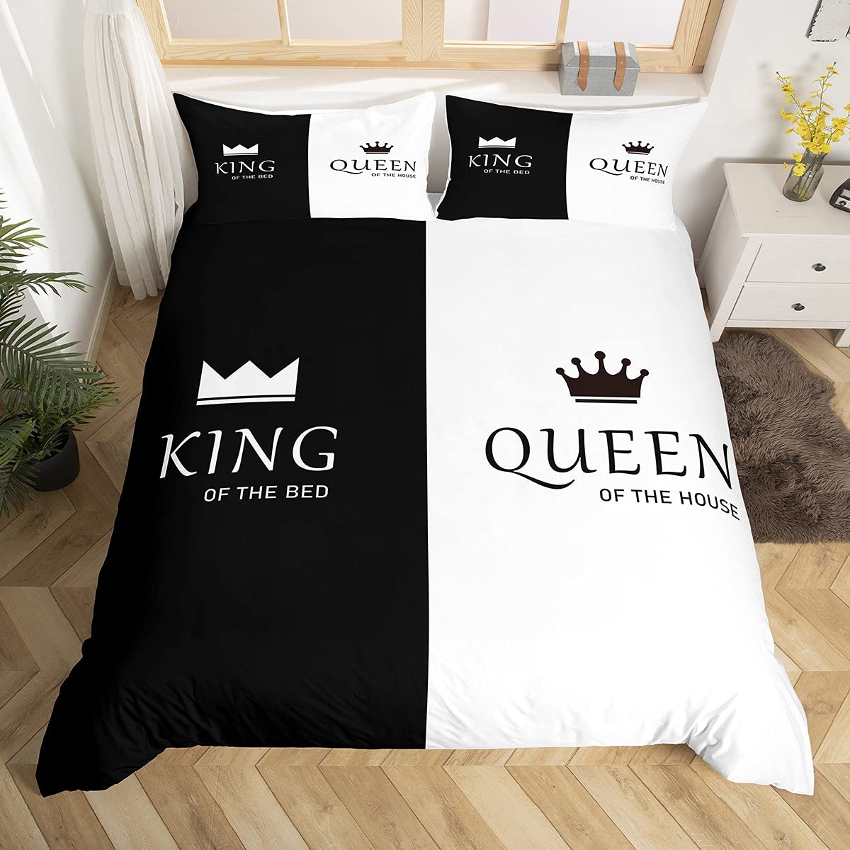 Loussiesd Crown Queen and King Comforter Cover His and Hers Matching Couple Bedding Set Lover Romantic Valentine's Day Presents Duvet Cover Black and White Bedding & Linen Bedclothes Double — image 1