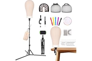 TwoWin Wig Head Stand Set, [ 63inch Tall ] Wig Stand Tripod with Mannequin Head Included, 22'' Canvas Block Mannequin Head for Wigs Making Display Styling with Wig Caps, Wig T Pins, Table Clamp