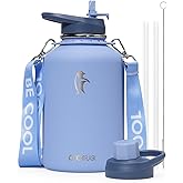 Coolflask 64 oz Water Bottle with Strap, Insulated Half Gallon Large Water Jug with Straw & Spout Lids, Stainless Steel Metal Flask, Keep Cold 48h Hot 24h, Leak Proof & Non-BPA, Dutch Blue
