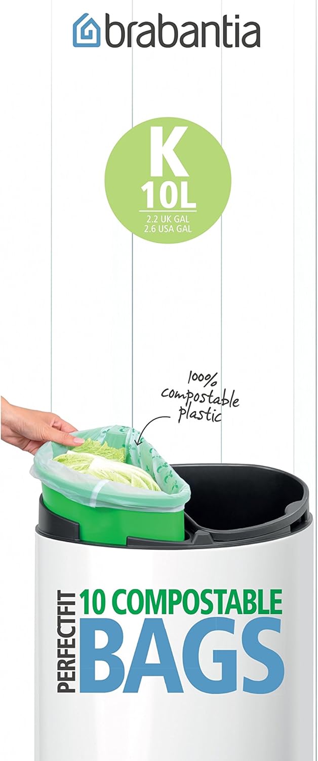 Brabantia Food Waste Caddy Compostable Bin Liners, 10 L (x10), Code K