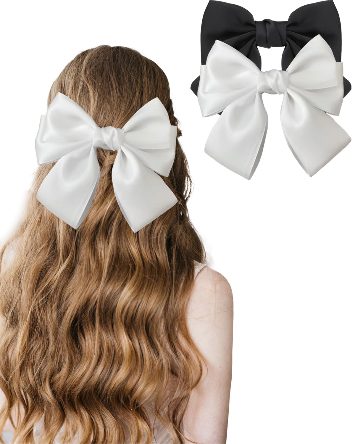 Bows for Hair - 2pcs Hair Bows for Women Black Hair Ribbons for Girls (Cream/Black)