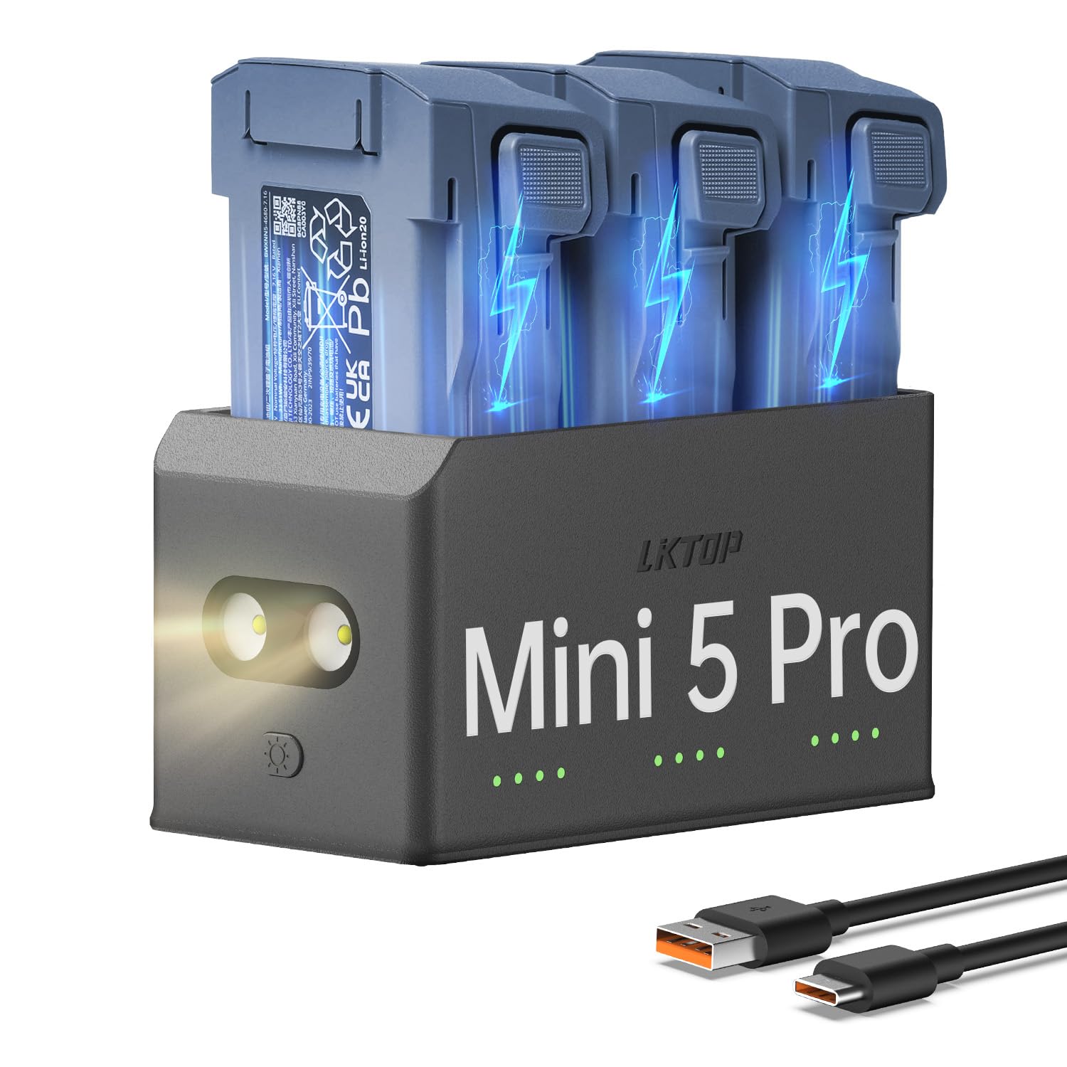 LKTOP 100W Mini 5 Pro Parallel Charging Hub (2X Fast) for DJI Mini 5 Pro Drone Accessories Battery Charger USB-C Power Adapter, with Storage LED SOS Mode (Charge 3 Batteries Simultaneously: 1hr 10min)