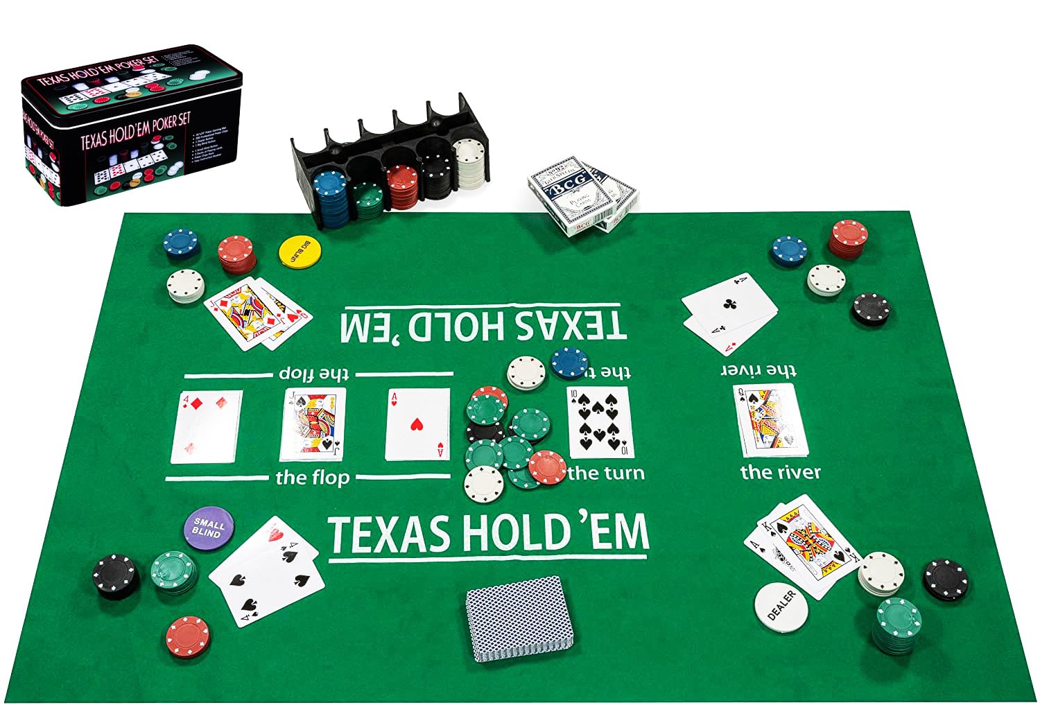 Engelhart - 320900 - Complete Poker Set - Metal Box with Mat, 200 Chips (4 g), 2 Card Games, Dealer Buttons, Small and Large Shields + Game Rules