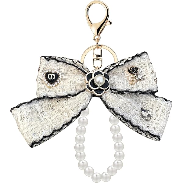 CIBBALIY Leather Keychain Purse Charm With Pearl Accents - Black Flower Design, Lobster Clasp, 5 Inches Long