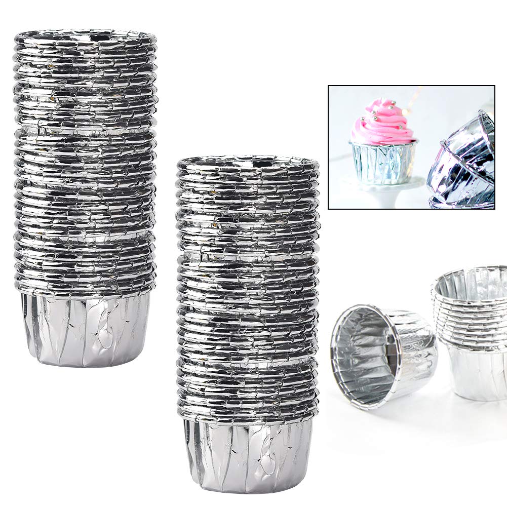 Silver Baking Cups 100Pcs Metallic Small Baking Cupcake Liners Cupcake Cases Cake Paper Wrapper Foil Metallic Muffin Cases Baking Cups for Thanksgiving Christmas Wedding Holiday Party-Silver